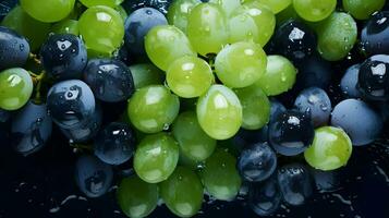 ai generato molte di blu e uva con le foglie. frutti di bosco sfondo. alto qualità. ai generativo foto