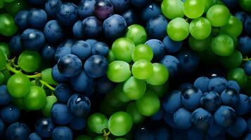 ai generato molte di blu e uva con le foglie. frutti di bosco sfondo. alto qualità. ai generativo foto