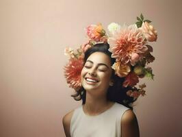 ai generato contento sorridente donna Tenere un' primavera fiore cappello su un' blu sfondo. alta risoluzione. ai generativo foto