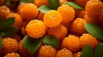 ai generato molte di arancia cloudberry sfondo con le foglie. fresco e gustoso frutti di bosco. alta risoluzione. ai generativo foto