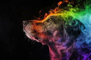 ai generato cane con arcobaleno fumoso luminescente sfondo foto