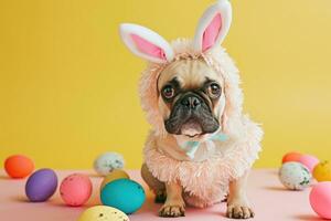 ai generato contento cane con coniglietto orecchie per Pasqua, bandiera per il tuo annuncio, Pasqua coniglietto, contento Pasqua. foto