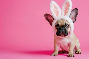 ai generato contento cane con coniglietto orecchie per Pasqua, bandiera per il tuo annuncio, Pasqua coniglietto, contento Pasqua. foto