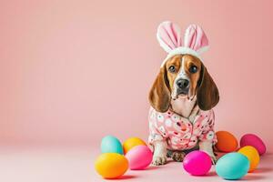 ai generato contento cane con coniglietto orecchie per Pasqua, bandiera per il tuo annuncio, Pasqua coniglietto, contento Pasqua. foto