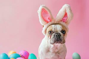 ai generato contento cane con coniglietto orecchie per Pasqua, bandiera per il tuo annuncio, Pasqua coniglietto, contento Pasqua. foto