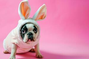 ai generato contento cane con coniglietto orecchie per Pasqua, bandiera per il tuo annuncio, Pasqua coniglietto, contento Pasqua. foto