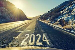 ai generato strada per 2024, vuoto strada con il nuovo anno 2024 scritto su il strada foto