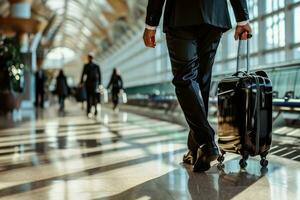 ai generato uomo d'affari trascinamento valigia bagaglio Borsa nel aeroporto, attività commerciale viaggio concetto foto