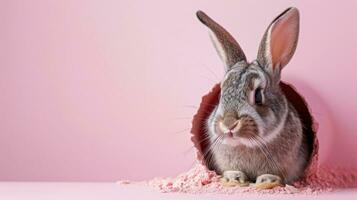 ai generato adorabile Pasqua coniglietto con Pasqua uova, colorato Pasqua uova, bandiera e sfondo foto