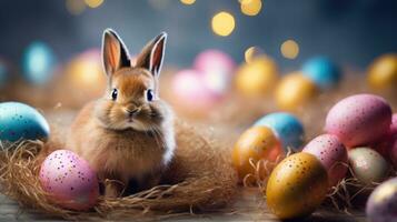 ai generato adorabile Pasqua coniglietto con Pasqua uova, colorato Pasqua uova, bandiera e sfondo, ai generativo foto