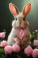 ai generato coniglio su un' sfondo di rosa fiori grafica per Pasqua foto