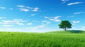 ai generato verde pianeta terra. verde campo, tranquillo, calmo vita, blu cielo, luminosa giorno foto