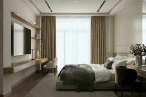 scandinavo elegante nordico pulito stile moderno Camera da letto assegnato con bene decorazione. foto