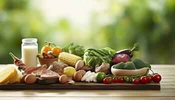 ai generato avvicinamento di la verdura, frutta, e carne su di legno tavolo al di sopra di verde naturale sfondo. generativo ai foto