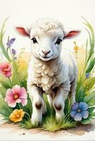 ai generato poco carino agnello su un' verde primavera prato grafica per Pasqua foto