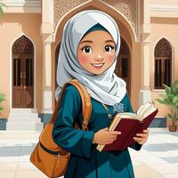 ai generato illustrazione di un' piccolo indonesiano alunno indossare un' pieno corpo hijab, entusiasta di apprendimento, Tenere un' libro foto
