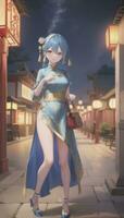 ai generato carino anime ragazza personaggio indossare Cinese cheongsam zansae qipao mandarino toga per visivo romanzo Festival sfondo foto