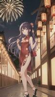 ai generato carino anime ragazza personaggio indossare Cinese cheongsam zansae qipao mandarino toga per visivo romanzo Festival sfondo foto