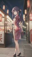 ai generato carino anime ragazza personaggio indossare Cinese cheongsam zansae qipao mandarino toga per visivo romanzo Festival sfondo foto