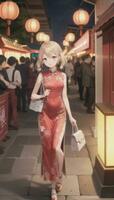 ai generato carino anime ragazza personaggio indossare Cinese cheongsam zansae qipao mandarino toga per visivo romanzo Festival sfondo foto