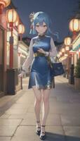 ai generato carino anime ragazza personaggio indossare Cinese cheongsam zansae qipao mandarino toga per visivo romanzo Festival sfondo foto