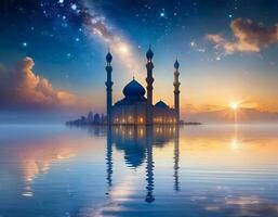 ai generato Ramadan kareem religioso sfondo con moschea sagome riflessa nel sereno mare foto