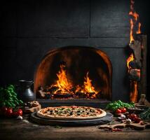 ai generato Pizza su un' di legno tavolo nel davanti di un' il camino. tonica. foto