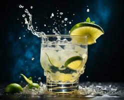 ai generato Mojito cocktail con lime e ghiaccio su un' buio blu sfondo foto