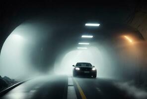 ai generato rosso sport auto nel un' tunnel con rosso luci e Fumo su il strada foto