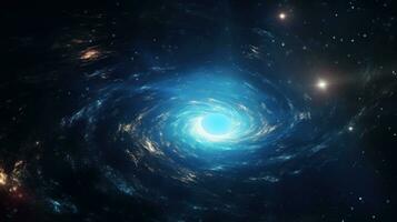 ai generato spirale nero buco nel cosmo nel sfondo di splendente stelle, nel blu turchese colori. grande scoppio. spirale galassia. ideale per sfondi o a tema spaziale soddisfare foto