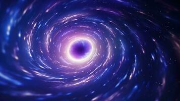 ai generato spirale rotante nero buco nel cosmo nel sfondo di splendente stelle, nel indaco viola colori. grande scoppio. spirale galassia. ideale per sfondi o a tema spaziale soddisfare foto