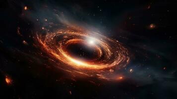 ai generato spirale rotante nero buco nel cosmo nel sfondo di splendente stelle, nel rosso ardente colori. grande scoppio. spirale galassia. ideale per sfondi o a tema spaziale soddisfare foto
