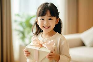 ai generato carino asiatico poco ragazza Tenere regalo scatola nel vivente camera foto