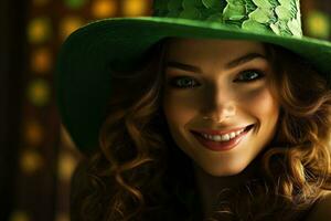 ai generato st. Patrick giorno. ritratto di un' bellissimo giovane donna indossare un' fata cappello. foto