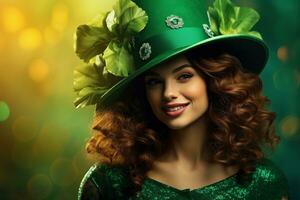 ai generato st. Patrick giorno. ritratto di un' bellissimo giovane donna indossare un' fata cappello. foto