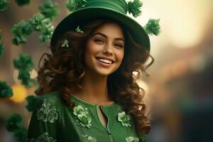 ai generato st. Patrick giorno. ritratto di un' bellissimo giovane donna indossare un' fata cappello. foto