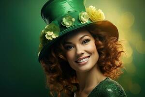 ai generato st. Patrick giorno. ritratto di un' bellissimo giovane donna indossare un' fata cappello. foto