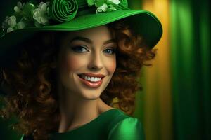 ai generato st. Patrick giorno. ritratto di un' bellissimo giovane donna indossare un' fata cappello. foto