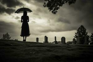 ai generato bellissimo giovane donna con ombrello nel il cimitero foto