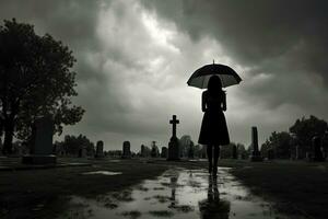 ai generato bellissimo giovane donna con ombrello nel il cimitero foto