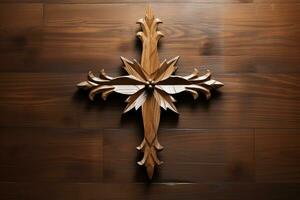 ai generato di legno cristiano attraversare su un' di legno sfondo.christian religione concetto. foto