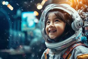 ai generato ritratto di poco asiatico ragazza indossare astronauta casco nel il spazio foto