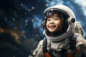 ai generato ritratto di poco asiatico ragazza indossare astronauta casco nel il spazio foto