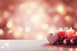 ai generato San Valentino giorno sfondo con cuori e candele su bokeh sfondo foto