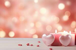 ai generato San Valentino giorno sfondo con cuori e candele su bokeh sfondo foto