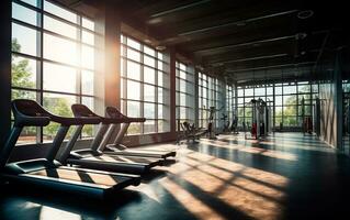 ai generato ancora vita foto di interno moderno fitness centro Palestra con un' allenarsi camera. vuoto spazio per testo. ai generato.