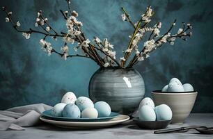 ai generato il Pasqua mattina tavolo con colorato uova decorato nel il briglia, foto