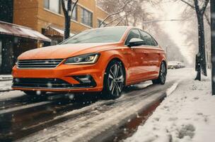 ai generato un arancia auto su un' neve coperto strada, foto