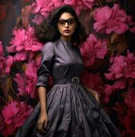 ai generato bellezza deva Shaliva, nel un' grigio vestito nel davanti di rosa fiori, foto