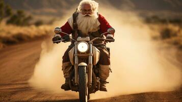 ai generato Santa su motocicletta con grande cattivo. foto